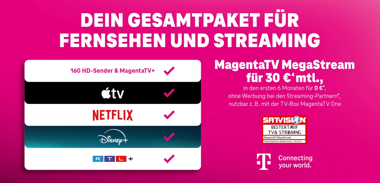 MagentaTV MegaStream Angebot mit Netflix, Disney+, Apple TV, RTL+ und 160 HD-Sendern.