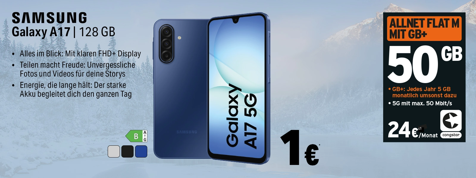 Samsung Galaxy A17 5G Smartphone mit 128 GB, 50 GB Allnet Flat und 5G-Tarif-Angebot.