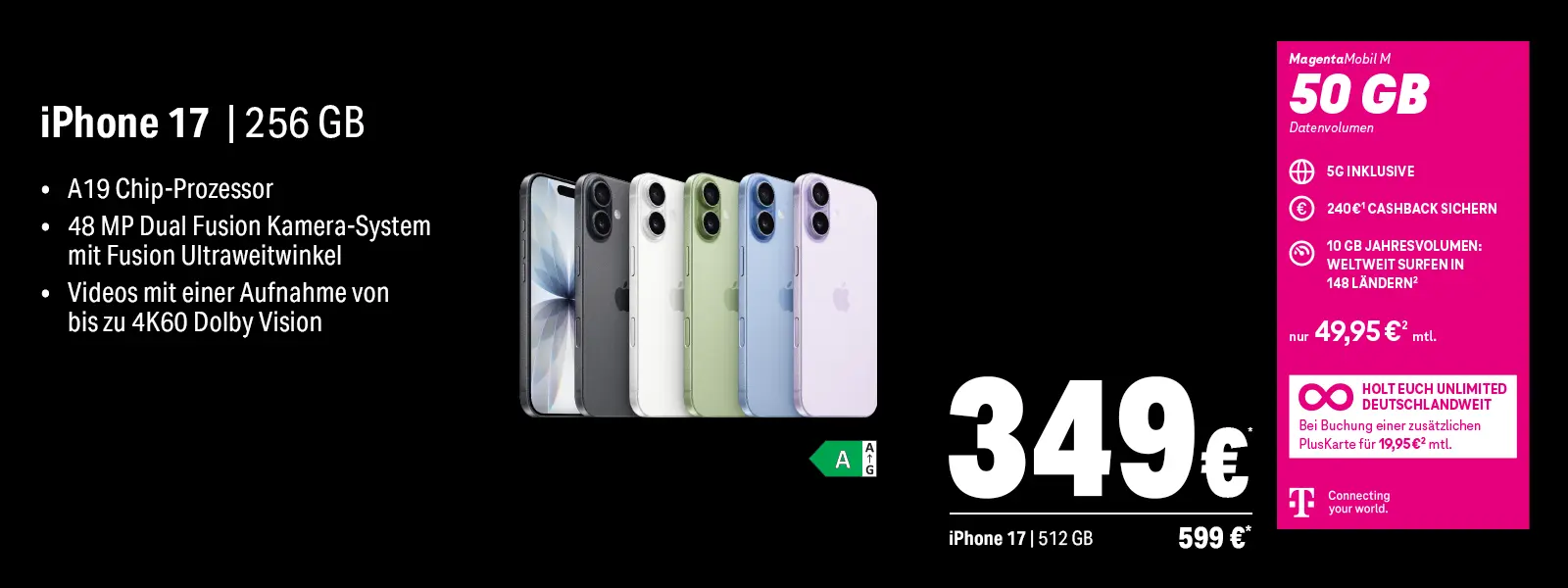 Werbebanner iPhone 17 mit Speicher und Kamera-Features, MagentaMobil M 50 GB