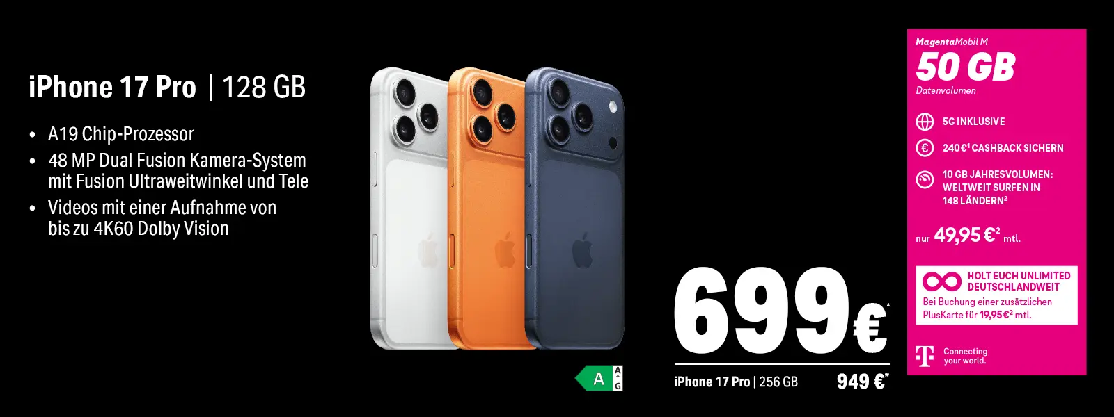 Werbebanner iPhone 17 Pro mit Kamera-Features, MagentaMobil M 50 GB 5G