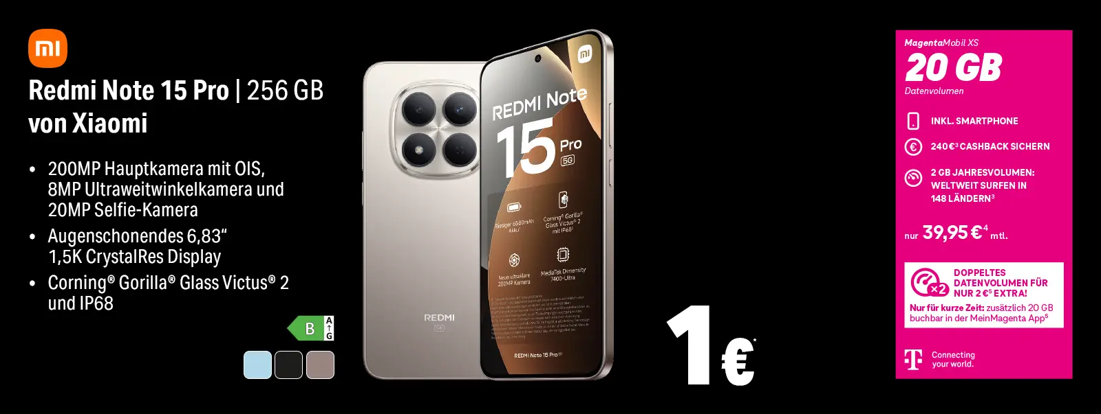 Werbebanner: Xiaomi Redmi Note 15 Pro 256 GB mit MagentaMobil XS 20 GB Tarif