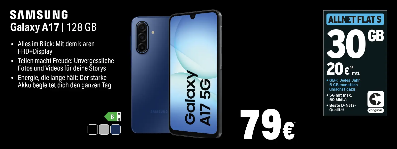 Samsung Galaxy A17 5G 128 GB Smartphone mit Tarifoption und 30 GB Datenvolumen
