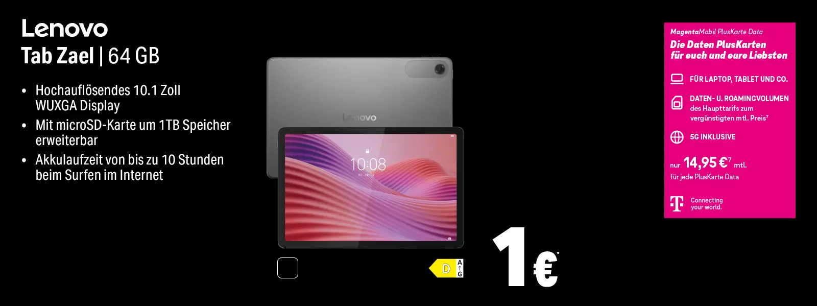 Lenovo Tab Zael 64 GB Tablet, 10,1 Zoll Display, microSD erweiterbar, Akku 10h