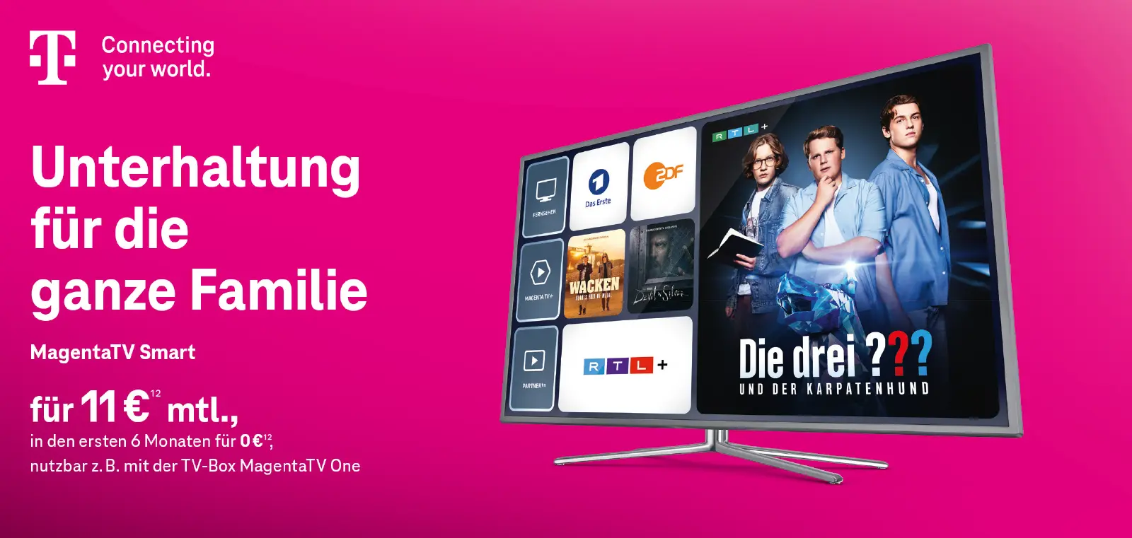 Telekom MagentaTV Smart Werbung: TV-Menü mit Streaming-Apps und Serienbild