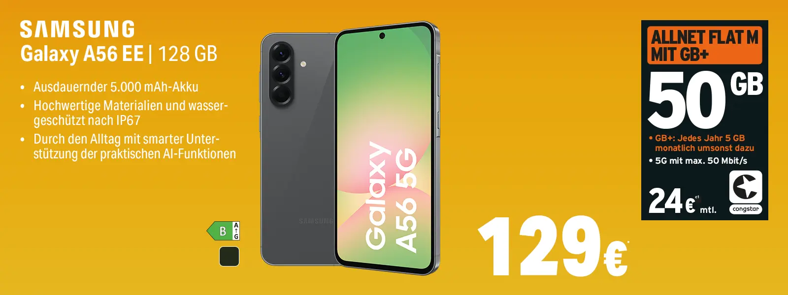 Werbebanner: Samsung Galaxy A56 5G 128 GB mit Allnet-Flat und 50 GB Datenvolumen