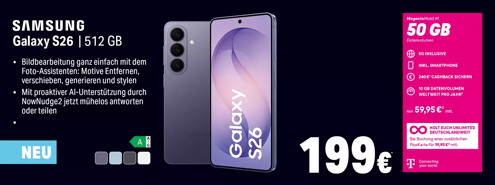 Werbebanner Samsung Galaxy S26 512 GB mit MagentaMobil M 50 GB Tarif