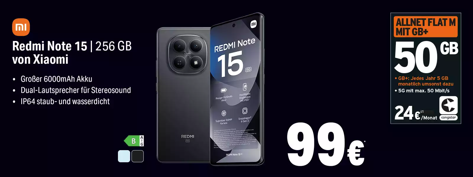 Werbebanner: Xiaomi Redmi Note 15 256 GB mit 50 GB 5G Tarifangebot