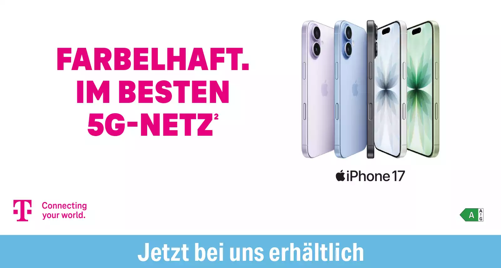 Das Bild zeigt verschiedene iPhone 17 Modelle, beworben im Telekom 5G-Netz.