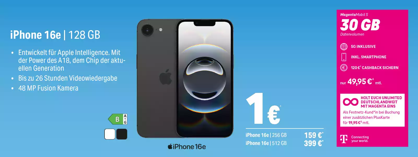 Werbebild für das iPhone 16e mit 128 GB, 5G-Tarif, 30 GB Datenvolumen und Cashback-Aktion.