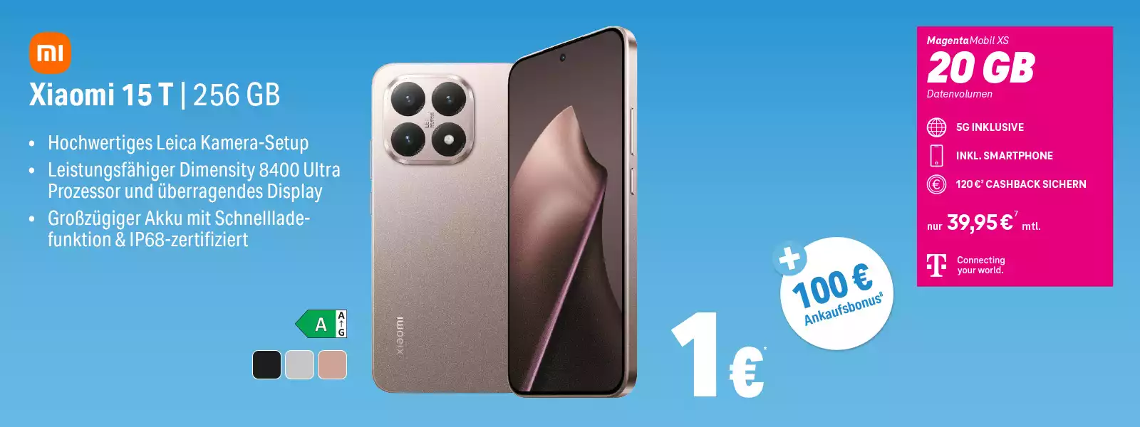 Xiaomi 15T Smartphone mit 256 GB, Leica Kamera, 5G Vertrag und 20 GB Datenvolumen.