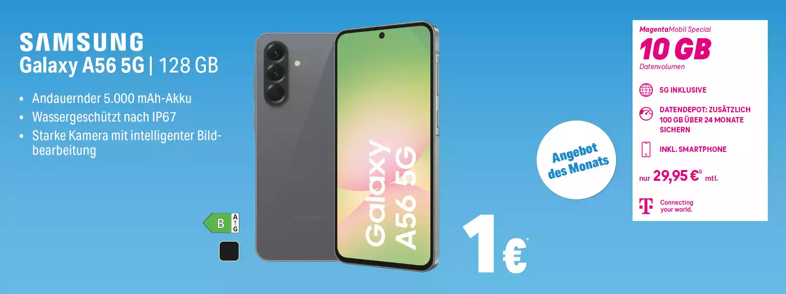 Angebot für Samsung Galaxy A56 5G Smartphone mit 128 GB und 10 GB MagentaMobil Tarif.