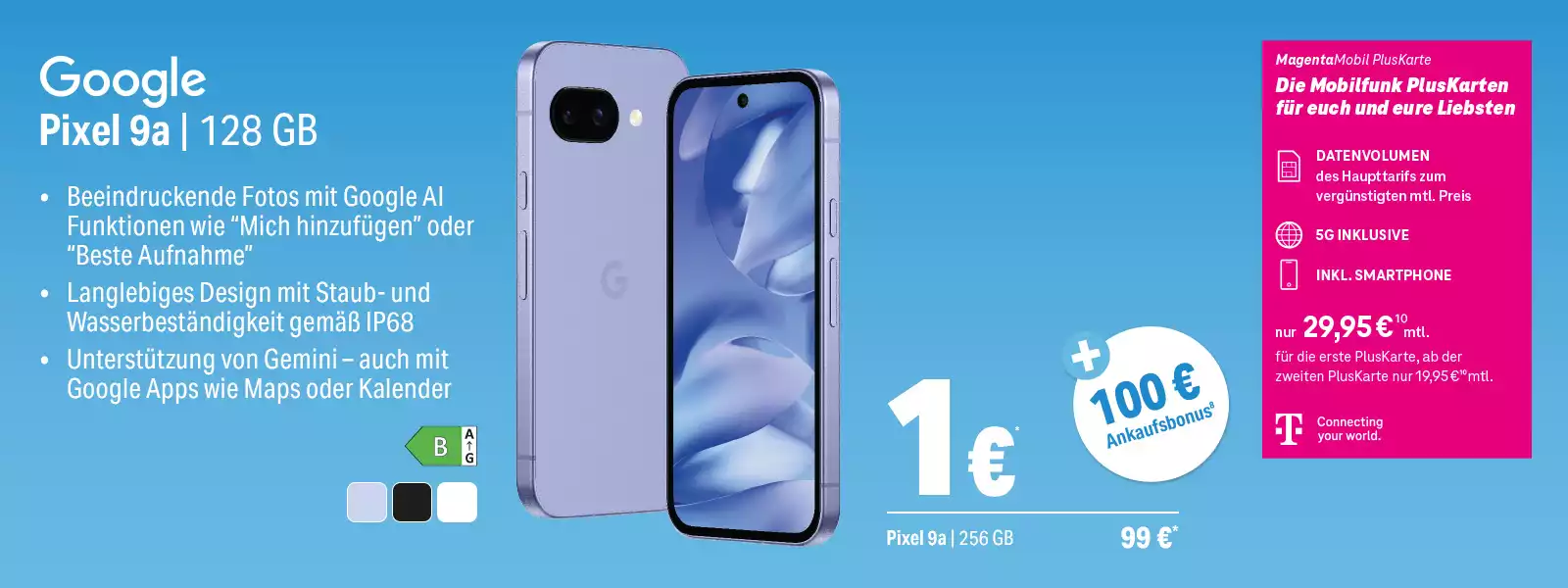 Google Pixel 9a mit 128 GB, IP68-zertifiziert, KI-Kamerafunktionen und Gemini-Unterstützung.