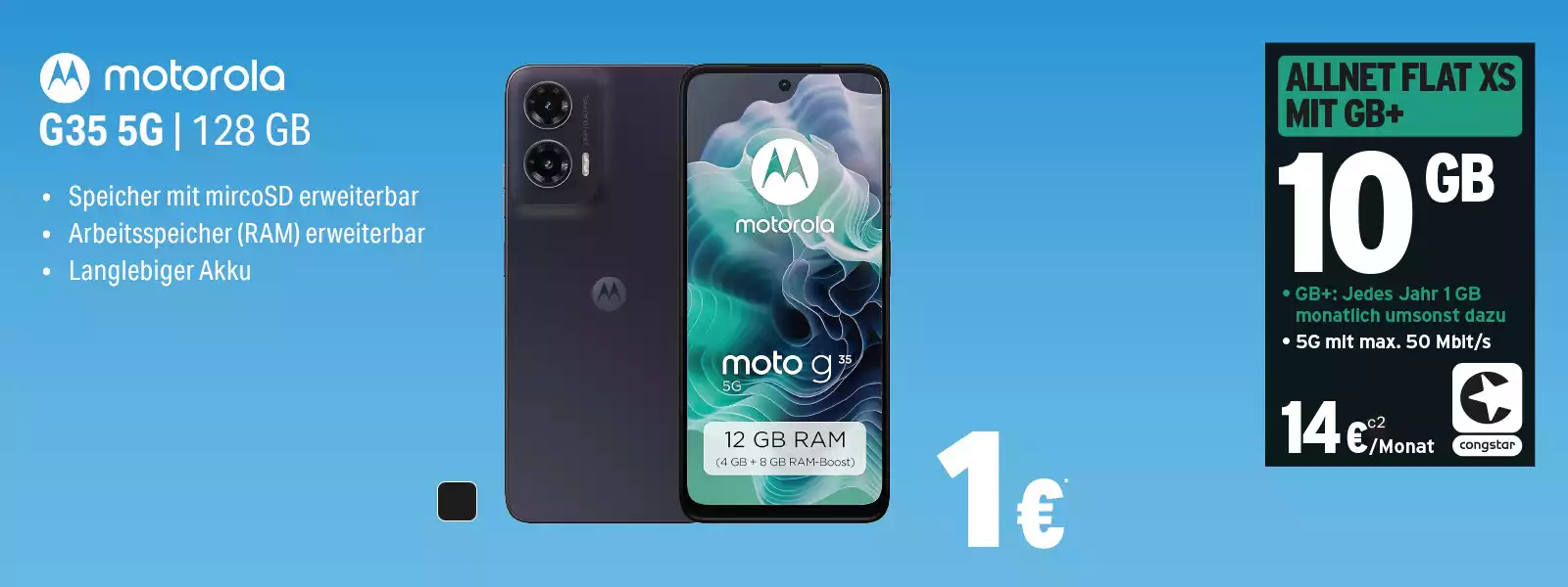 Motorola G35 5G Smartphone mit 128 GB Speicher und Allnet-Flat-Tarif mit 10 GB Datenvolumen.