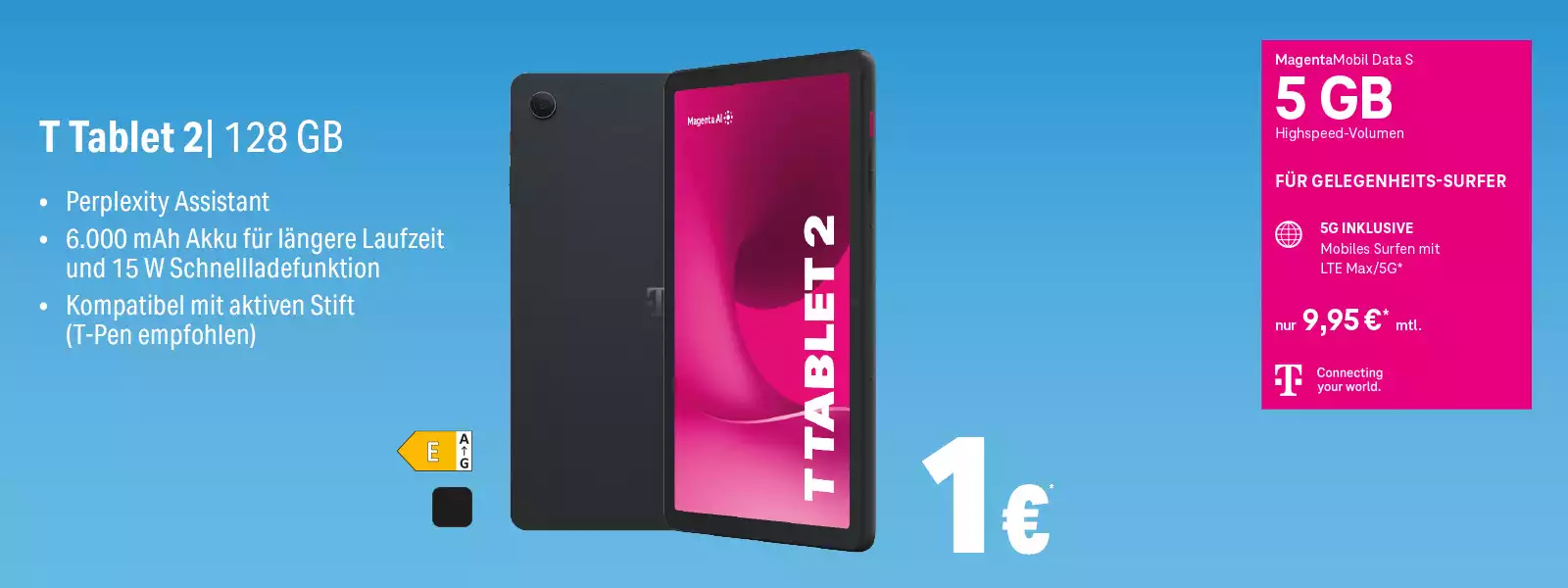 T Tablet 2 mit 128 GB, 5G-Tarif, großem Akku und Stiftkompatibilität auf blauem Hintergrund.