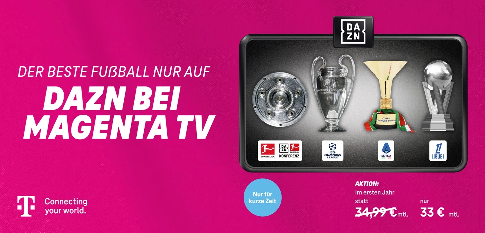 DAZN Fußball-Angebot bei MagentaTV mit Bundesliga, Champions League, Serie A und Ligue 1.