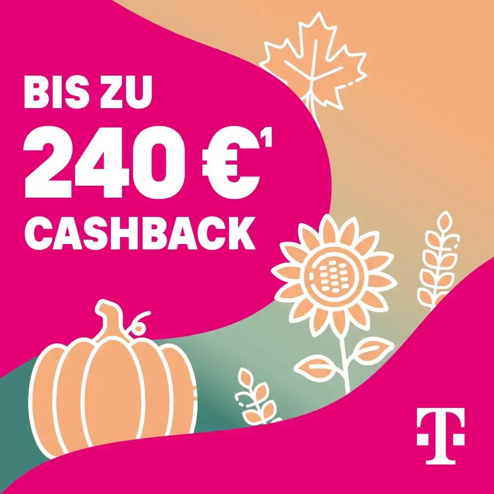 Herbstliches Cashback-Angebot von Telekom mit Kürbis, Sonnenblume und Blatt.
